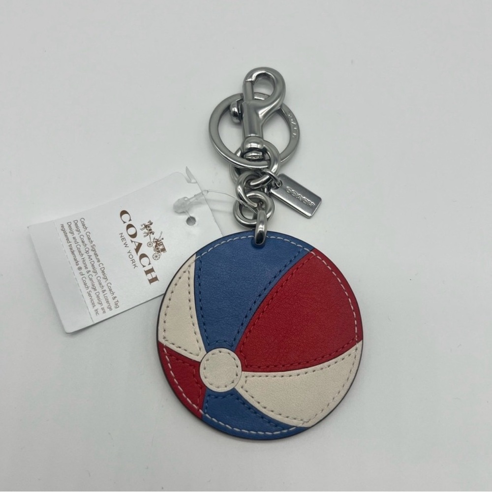 Coach Round Leather Beachball Keychain Bag Charm in Red, Blue & Cream NWT